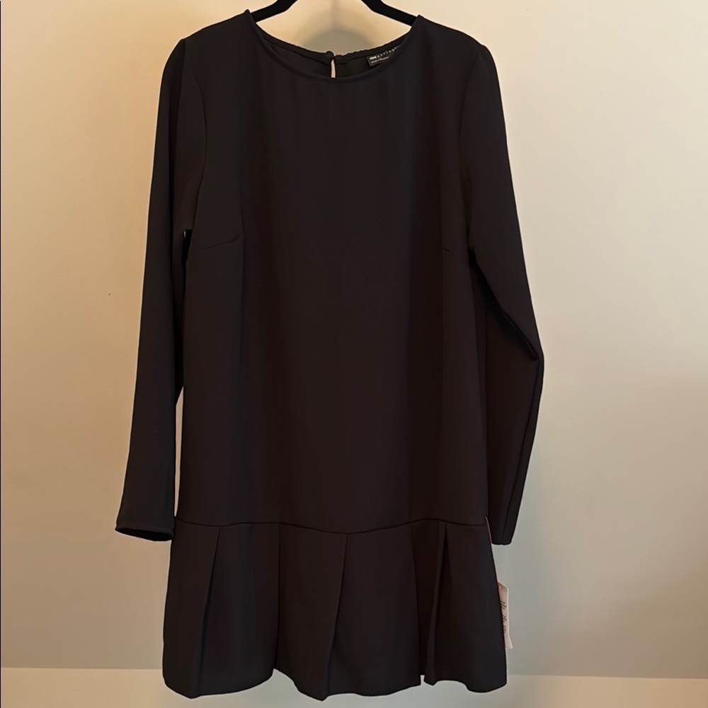 NWT ASOS Black Long Sleeve Mini Dress, Drop Waist w/ Pleats - Size L / 10